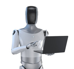 Humanoid robot with notebook computer isolated on white