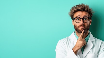 A young doctor in a white coat stands thoughtfully, with a puzzled expression and finger on chin, indicating contemplation or uncertainty in decision-making.