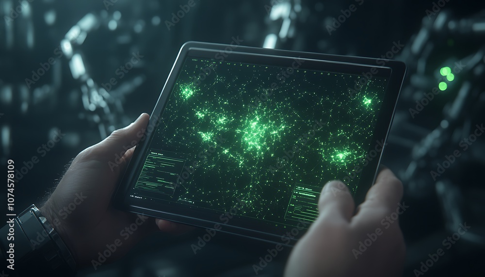 Poster A person holds a tablet displaying a glowing green network of connections, suggesting advanced technology and data visualization.