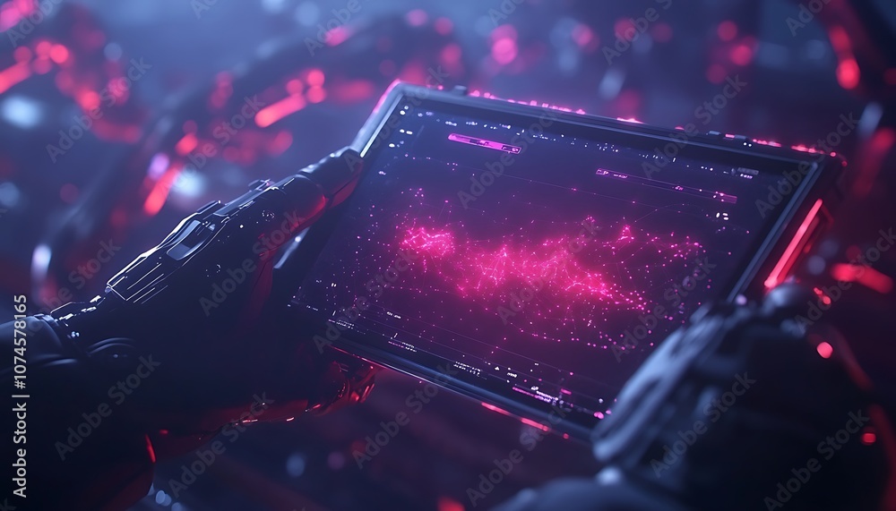 Poster A futuristic scene featuring a handheld device displaying vibrant, cosmic data amidst an abstract backdrop of swirling, red-hued patterns.