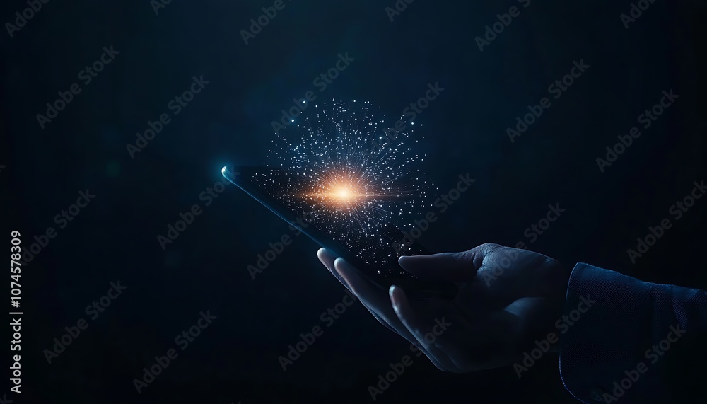 Aufkleber a hand holds a smartphone emitting glowing particles against a dark background, creating a mystical 