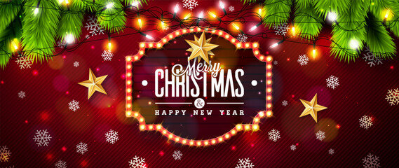 Merry Christmas and Happy New Year Banner with Light Bulb Billboard, Fir Branch and Ornaments on Red Background. Vector Holiday Season Design for Greeting Card, Party Flyer, Celebration Poster and