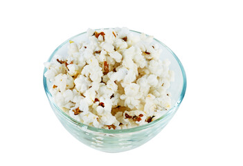 Cooked popcorn grains in glass jare isolated on a white background.