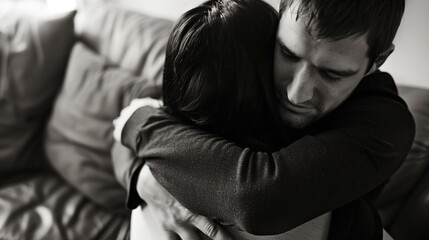 Tender Moments: Couple Hugging on Sofa