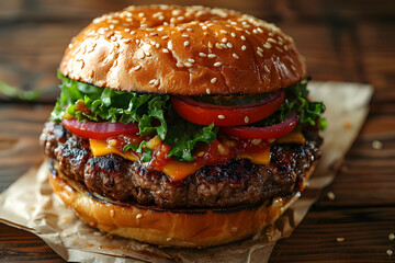 fresh tasty burger on wood table