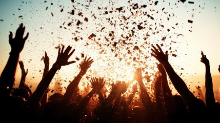 An exuberant scene of raised hands and flying confetti silhouetted against a beautiful sunset, evoking a sense of joy, freedom, and communal celebration.