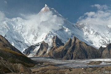 View from Baltoro Glacier to K1 Peak Masherbrum 7,821 meters high and Yermandu Glacier, near Gore 2...
