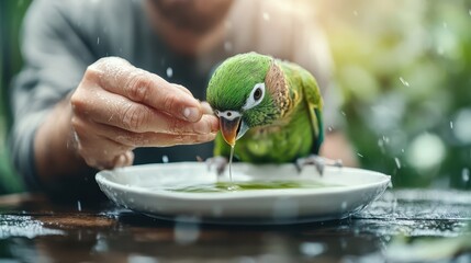 A hand delicately feeds a beautiful green parrot on a summer day, with droplets of water capturing sunlight, evoking trust and nurture in nature.