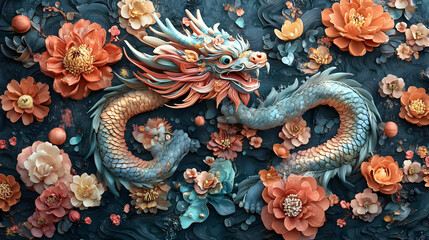 Serene Dragon Illustration with Floral Accents