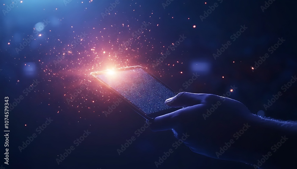 Poster a hand reaching out toward a glowing star in a dark space, surrounded by shimmering particles and li