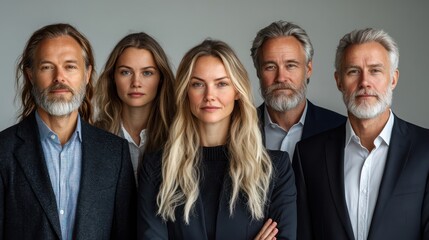 Group of Swedish business professionals, various ages including youth and elderly, isolated, white background