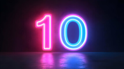 Neon Number 10, Glowing  Light, Pink, and Blue, 3d Illustration