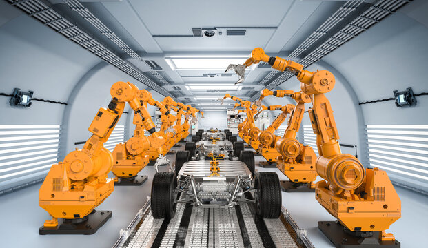 Robot assembly line with ev car battery on undercarriage platform
