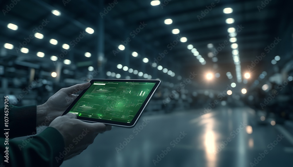 Poster a person holds a tablet displaying data in an industrial warehouse, highlighting technology integrat