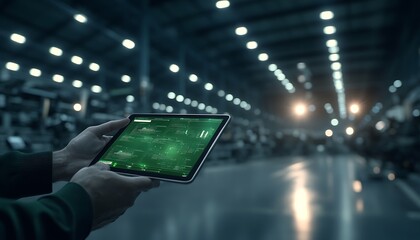A person holds a tablet displaying data in an industrial warehouse, highlighting technology integration in modern manufacturing.