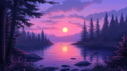 Fototapeta premium Serene Sunset Over Tranquil Lake Surrounded by Evergreens and Majestic Mountains, Capturing the Essence of Nature's Beauty in Vibrant Colors and Peaceful Atmosphere