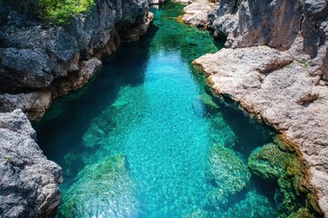 Naklejka premium Unforgettable canyon featuring a crystal clear river winding through breathtaking landscapes.