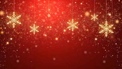 Golden snowflakes hanging against a red background with falling snowflakes and bokeh lights