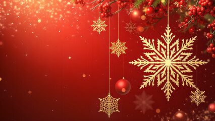 Golden snowflakes hanging on a red background with bokeh lights and berries for Christmas and winter holidays