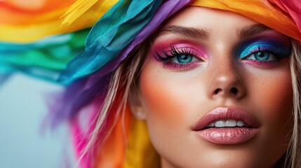 This image showcases a close-up portrait of a person with vibrant, colorful makeup and vibrant rainbow fabric, highlighting artistic expression and diversity.