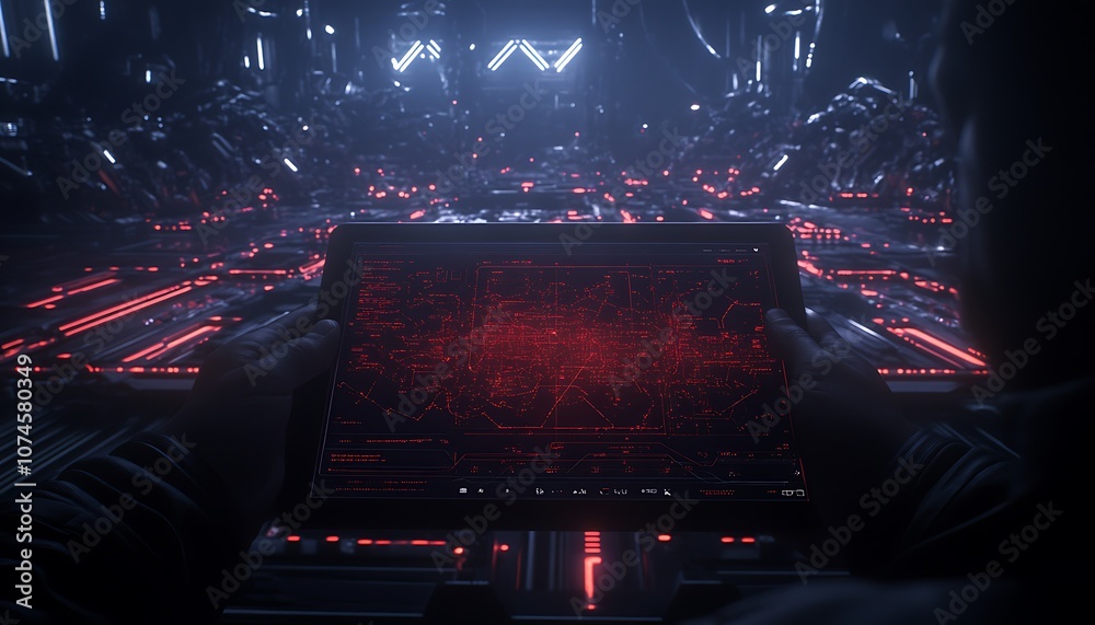 Poster a futuristic scene featuring a person holding a glowing device amidst a high-tech, dark environment 
