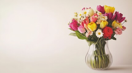 A stylish glass vase filled with a vibrant bouquet of flowers rests gracefully against a clean white background.