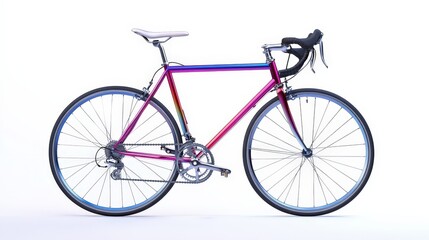 A stylish road bicycle with a vibrant color scheme stands out against a crisp white background