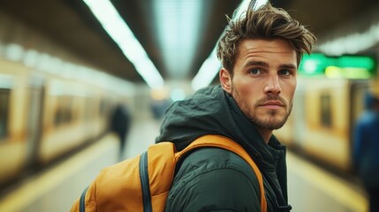 A young man with styled hair and a backpack navigates a bustling subway station, illuminated by overhead lights, capturing the essence of metropolitan journeying.