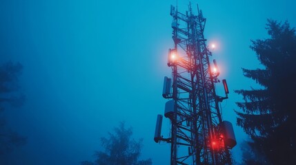 A foggy scene featuring a tall communication tower illuminated by red lights, surrounded by dark trees, creating a mysterious atmosphere.
