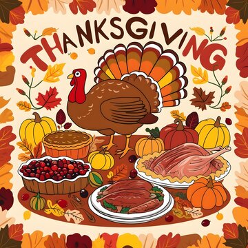 A whimsical, hand-drawn, and intricately detailed illustration of a flat Thanksgiving scene, featuring a warm and inviting autumnal color palette with shades of orange, yellow, red, and brown, set aga