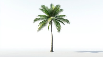Obraz premium A tall coconut tree stands majestically against a clean white background, its slender trunk and fan-like green leaves stretching upward.