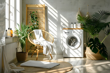 modern bathroom with plants, detergent and spray bottles, towels and chair near washing machine