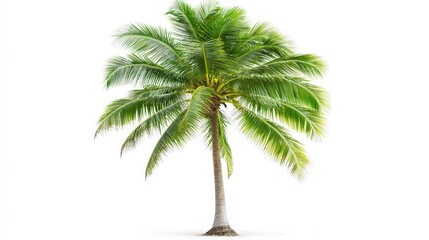 A tall coconut tree, with its leafy green fronds and textured trunk, is isolated on a white background.