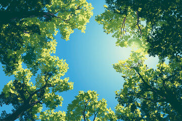 Low angle view of a tree canopy horizontal background. Summer with a blue sky and sunny day. Look up at branches trunks sun rays and foliage. Spring designs backdrop. Cartoon style vector illustration