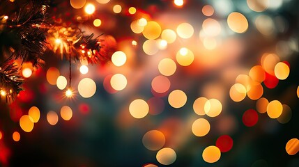 Festive holiday bokeh lights on christmas tree branches. Christmas background, copy paste, text, wall