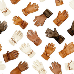 Fototapeta premium Watercolor seamless pattern of leather gloves isolated on a white background. PNG