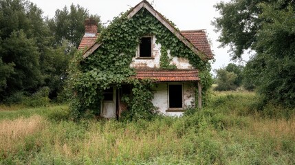 An abandoned rustic house, partially overgrown with lush greenery, stands silently in a field, exuding an aura of historical mystery and nostalgic beauty amid nature.