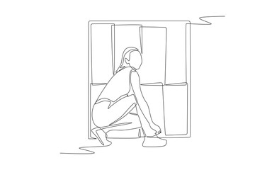 Woman tying shoes in front of gym lockers. Gym locker concept one-line drawing
