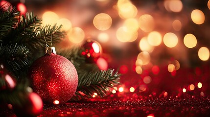Festive red ornament with bokeh lights and evergreen branches. Christmas background, copy paste, text, wall 