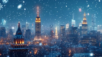 Fototapeta premium A snowy night cityscape with illuminated skyscrapers and falling snowflakes