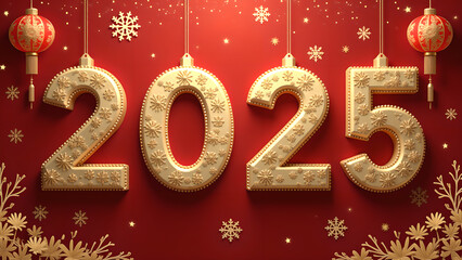 Golden 2025 New Year Greeting Card Design with Snowflakes and Lanterns