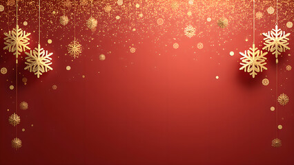 Red Christmas Background with Hanging Golden Snowflakes and Falling Snow