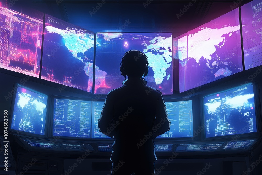 Poster cybersecurity operations center with global map and data analysis