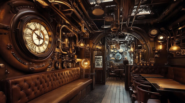 A rich steampunk environment featuring clockwork mechanisms, leather accents, and metallic structures blending old-world charm with industrial design 