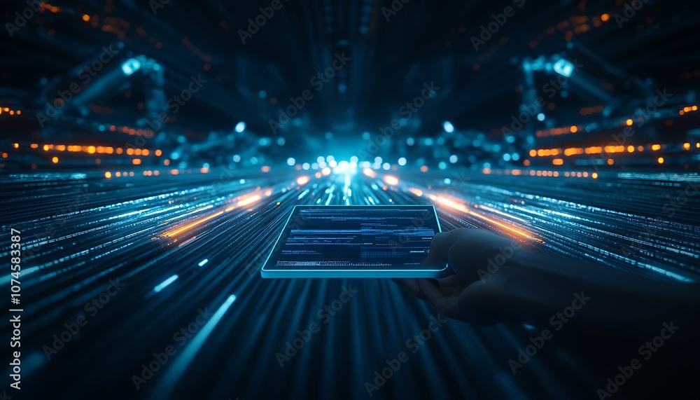 Poster a glowing hand holds a device amidst a futuristic, digital landscape filled with streaming lights an