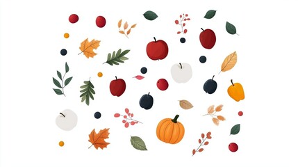 Colorful autumn-themed arrangement with leaves, berries, and pumpkins on a white background in a decorative layout