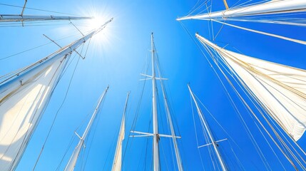 Fototapeta premium Sunlit Sailboat Masts Reaching Towards a Vivid Blue Sky Reflecting the Beauty of Sailing Adventure and Outdoor Activities in a Coastal Environment
