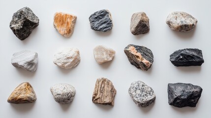 A variety of stones, from rough to smooth, is placed on a white background.