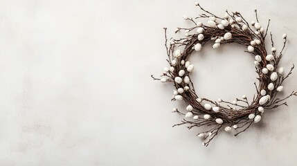 Fototapeta premium Elegant minimalist wreath with white berries on textured background Background with space for text, Easter, spring