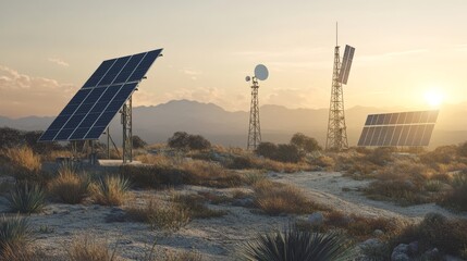 Solar panels and communication towers stand in a desert landscape at sunset, symbolizing renewable energy and technology integration in remote areas.
